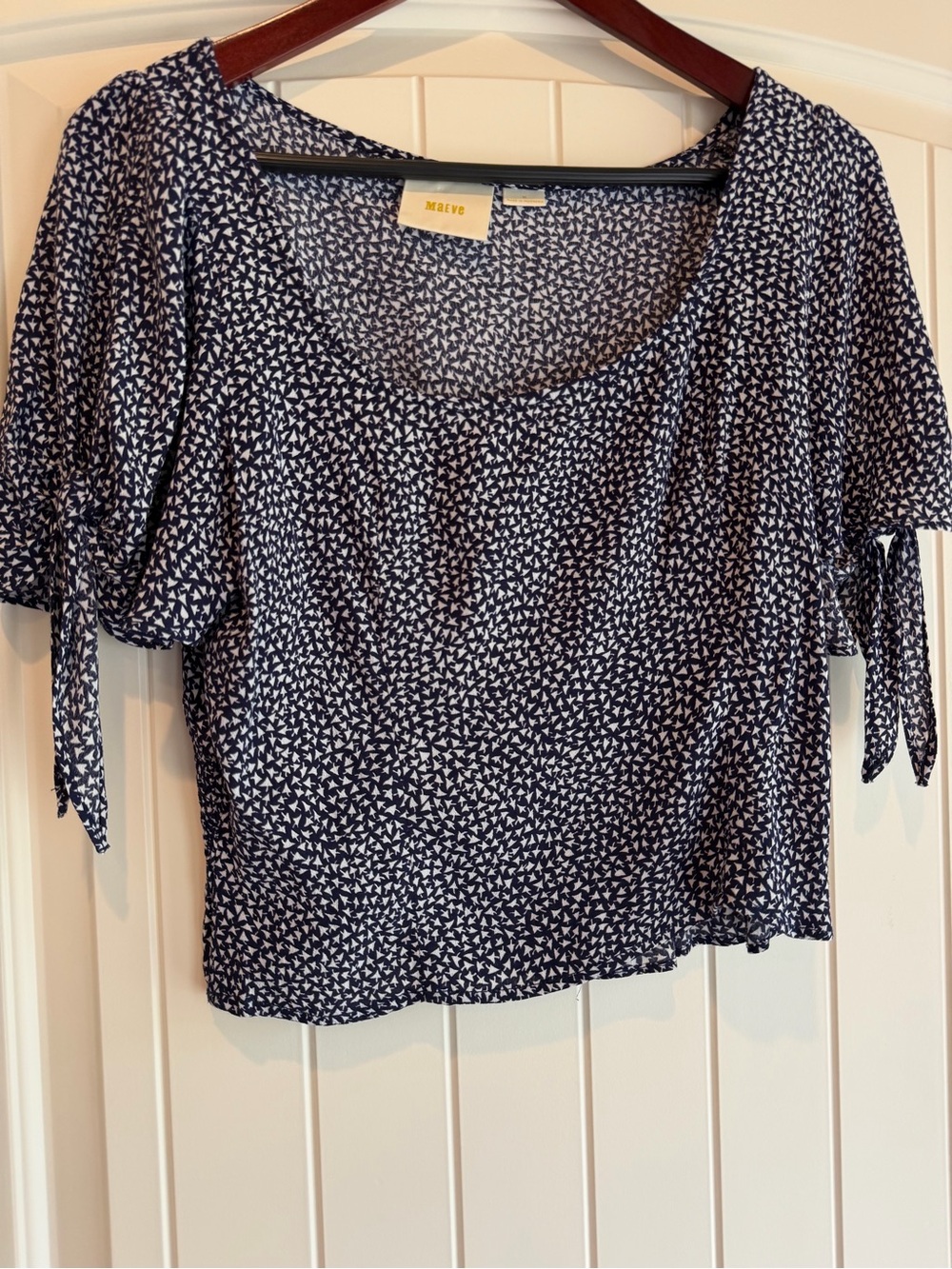 Anthropologie Maeve Navy and White Tie-Sleeve Scoop Neck Blouse M - Picture 3 of 8